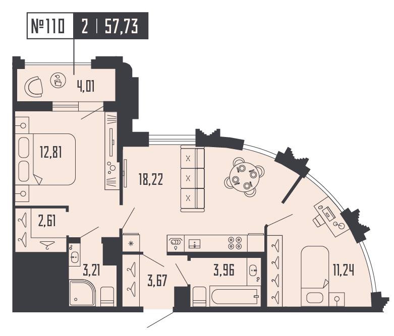 2-комнатная квартира  №110 в Шепилевский: 57.73 м², этаж 7 - купить в Санкт-Петербурге