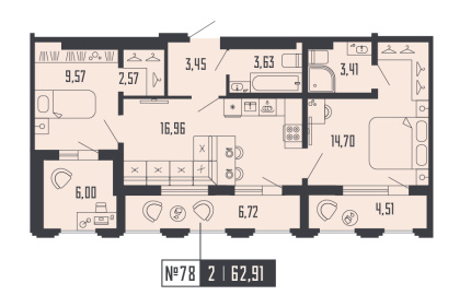 2-комнатная квартира  №78 в Шепилевский: 62.91 м², этаж 19 - купить в Санкт-Петербурге