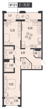 2-комнатная квартира  №104 в Шепилевский: 71.72 м², этаж 5 - купить в Санкт-Петербурге