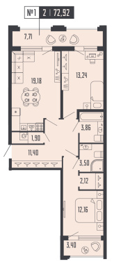 2-комнатная квартира  №1 в Шепилевский: 72.92 м², этаж 3 - купить в Санкт-Петербурге