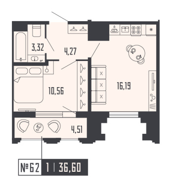1-комнатная квартира  №62 в Шепилевский: 36.6 м², этаж 15 - купить в Санкт-Петербурге