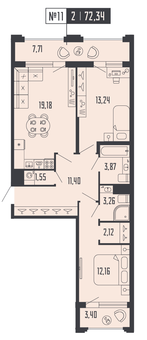2-комнатная квартира  №11 в Шепилевский: 72.34 м², этаж 5 - купить в Санкт-Петербурге