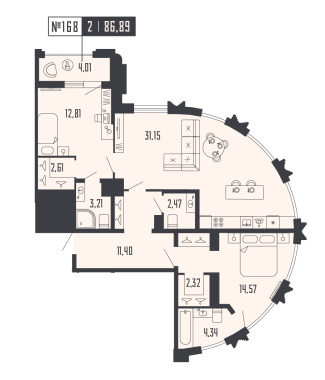 2-комнатная квартира  №168 в Шепилевский: 86.89 м², этаж 19 - купить в Санкт-Петербурге