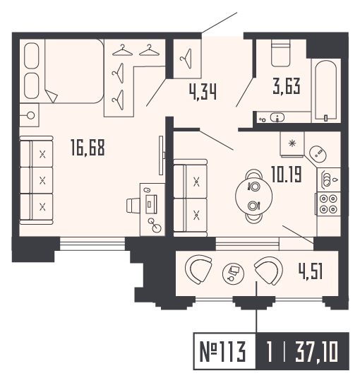 1-комнатная квартира  №113 в Шепилевский: 37.1 м², этаж 7 - купить в Санкт-Петербурге