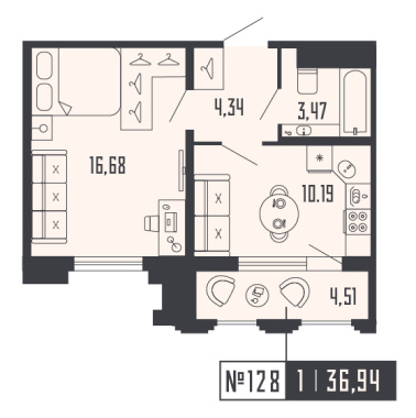 1-комнатная квартира  №128 в Шепилевский: 36.94 м², этаж 10 - купить в Санкт-Петербурге
