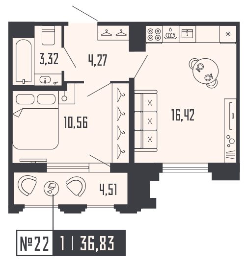 1-комнатная квартира  №22 в Шепилевский: 36.83 м², этаж 7 - купить в Санкт-Петербурге