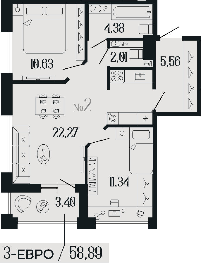 2-комнатная квартира  №2 в Коллекционный дом 1919: 58.89 м², этаж 2 - купить в Санкт-Петербурге