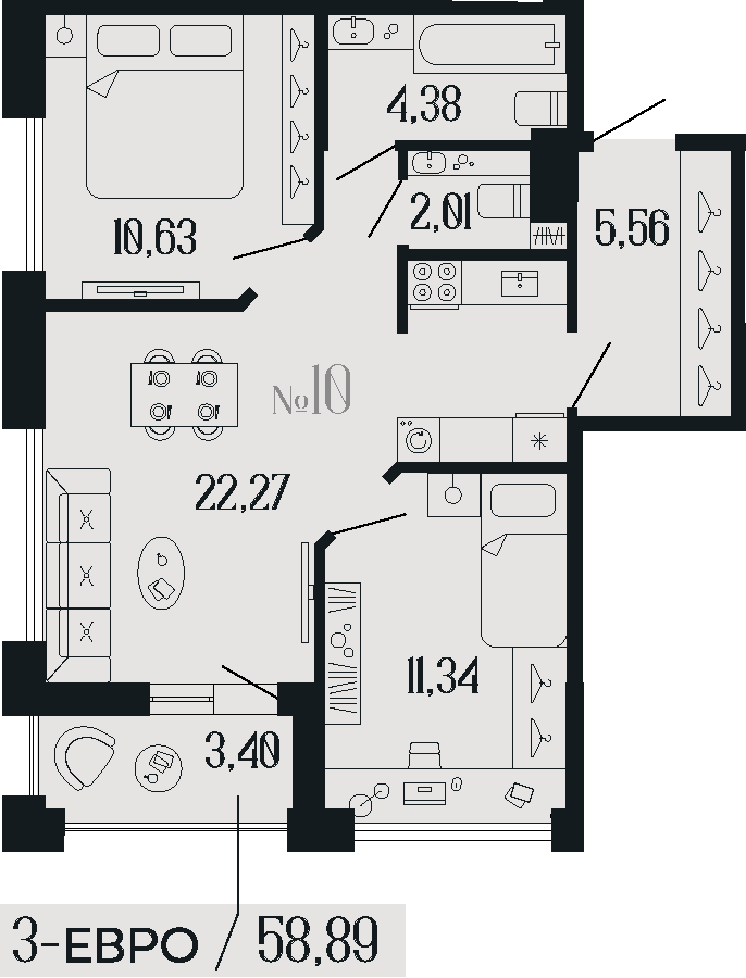 2-комнатная квартира  №10 в Коллекционный дом 1919: 58.89 м², этаж 3 - купить в Санкт-Петербурге