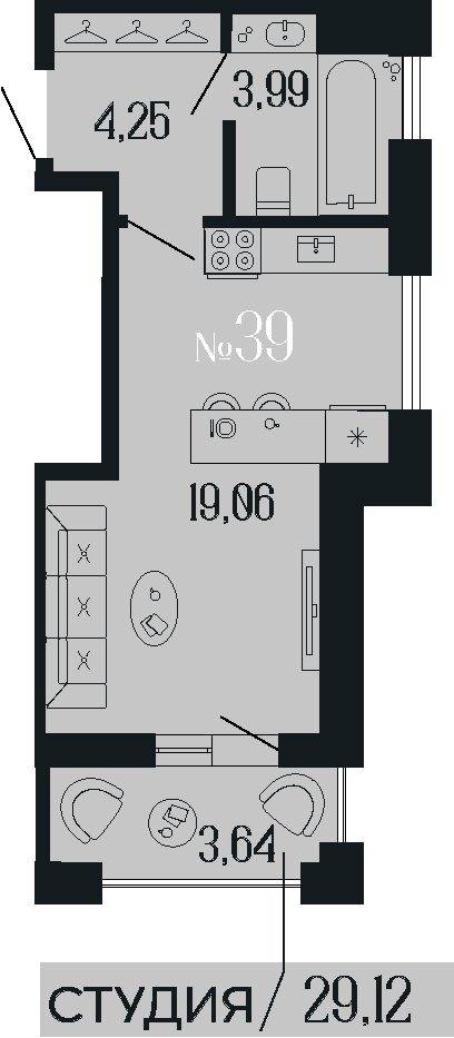 1-комнатная квартира  №39 в Коллекционный дом 1919: 29.1 м², этаж 6 - купить в Санкт-Петербурге