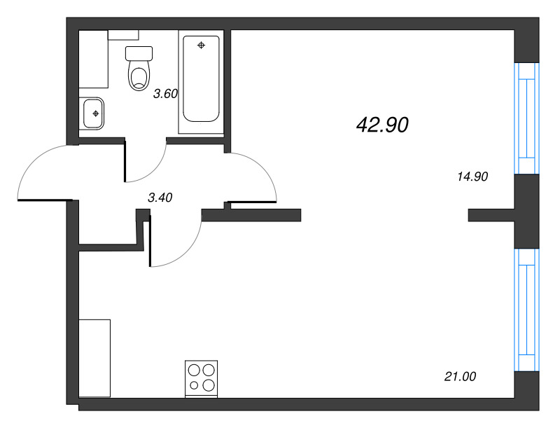1-комнатная квартира  №165 в Измайловский: 42.9 м², этаж 8 - купить в Санкт-Петербурге