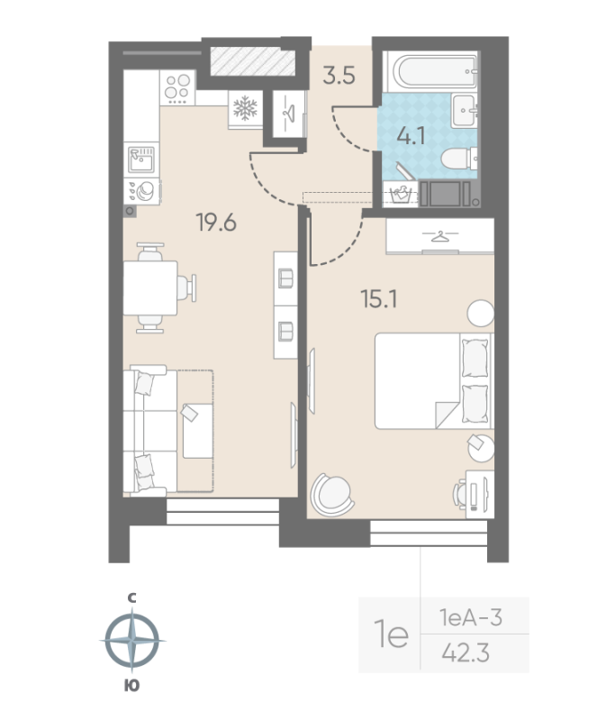 1-комнатная квартира №27 в: Измайловский: 42.3 м²; этаж: 5 - купить в Санкт-Петербурге