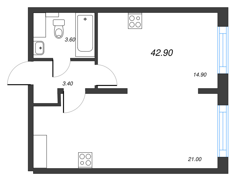 1-комнатная квартира  №179 в Измайловский: 42.9 м², этаж 9 - купить в Санкт-Петербурге
