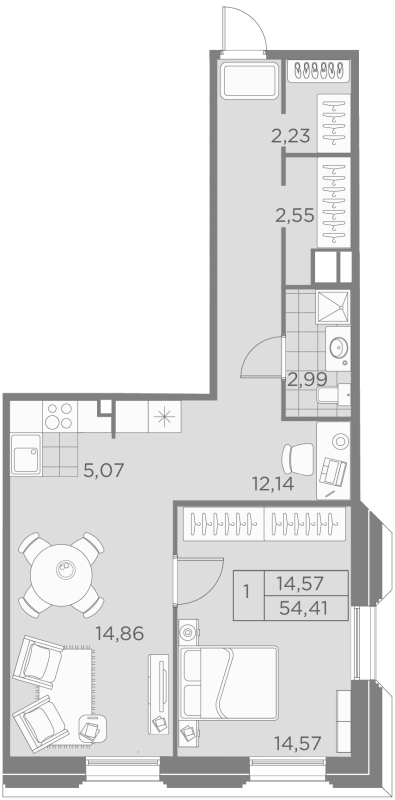 1-комнатная квартира  №41-2 в Akzent: 54.41 м², этаж 8 - купить в Санкт-Петербурге