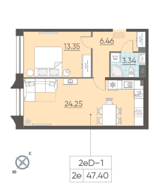 1-комнатная квартира  №163 в NEOPARK: 47.3 м², этаж 12 - купить в Санкт-Петербурге