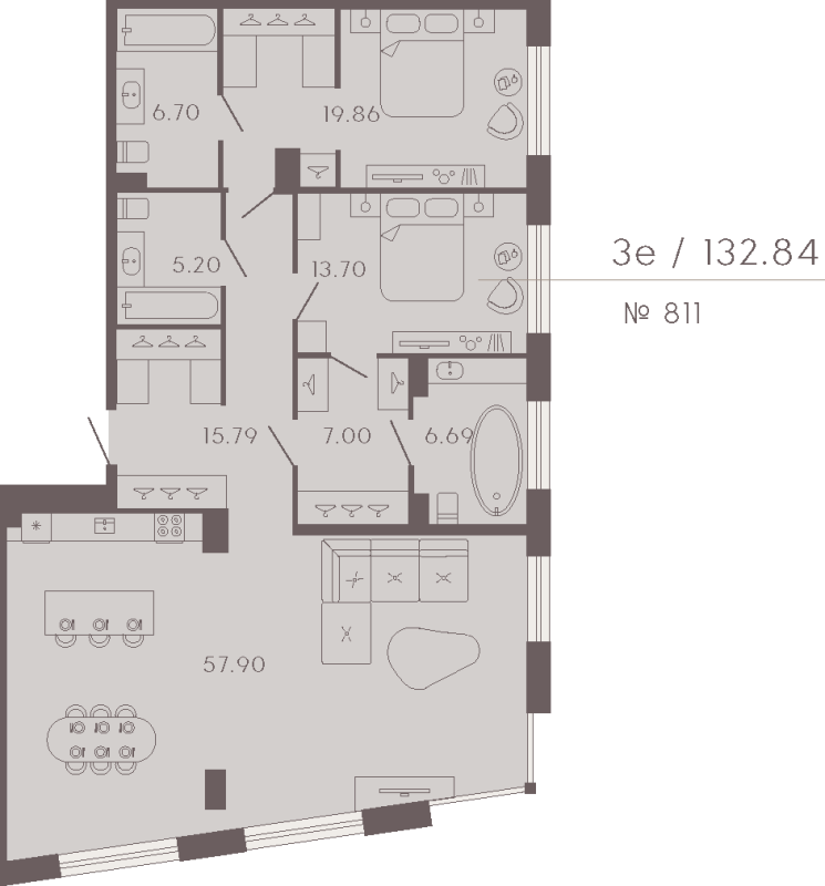 2-комнатная квартира  №811 в 17/33 Петровский остров: 132.84 м², этаж 4 - купить в Санкт-Петербурге