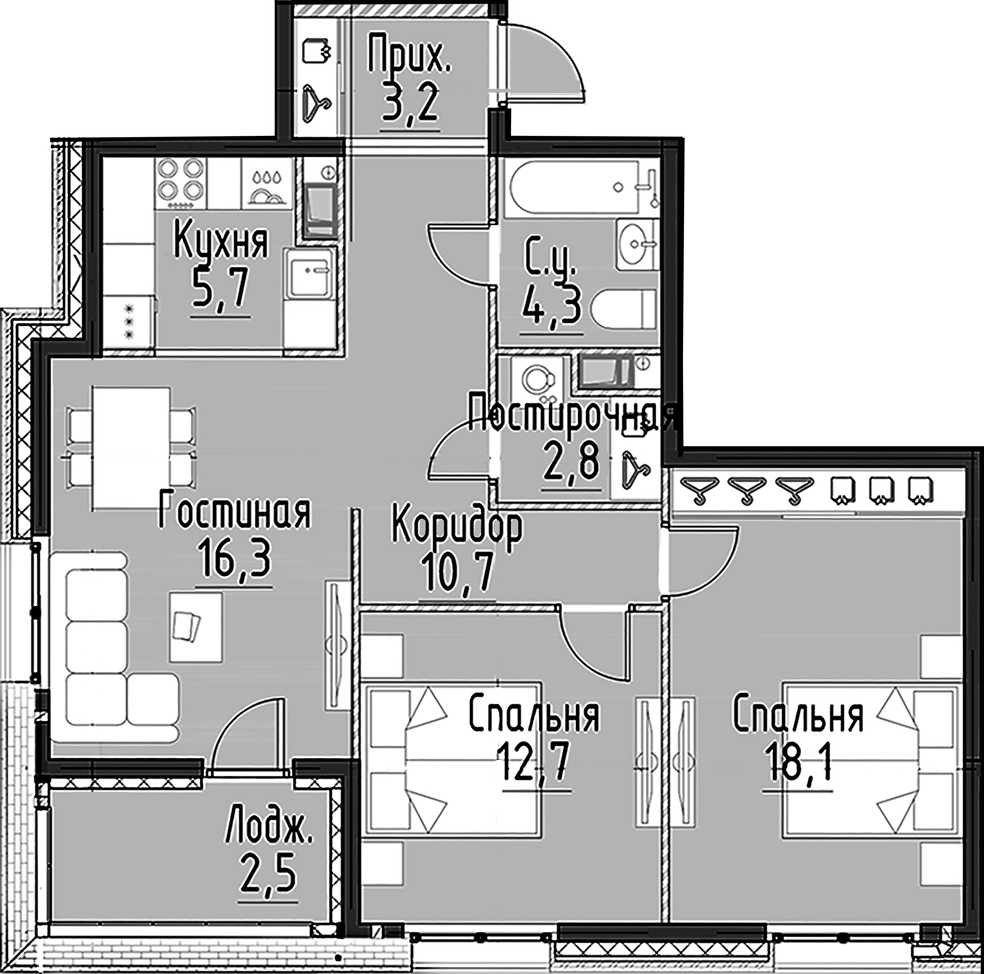 2-комнатная квартира  №117 в Моисеенко, 10: 73.7 м², этаж 5 - купить в Санкт-Петербурге
