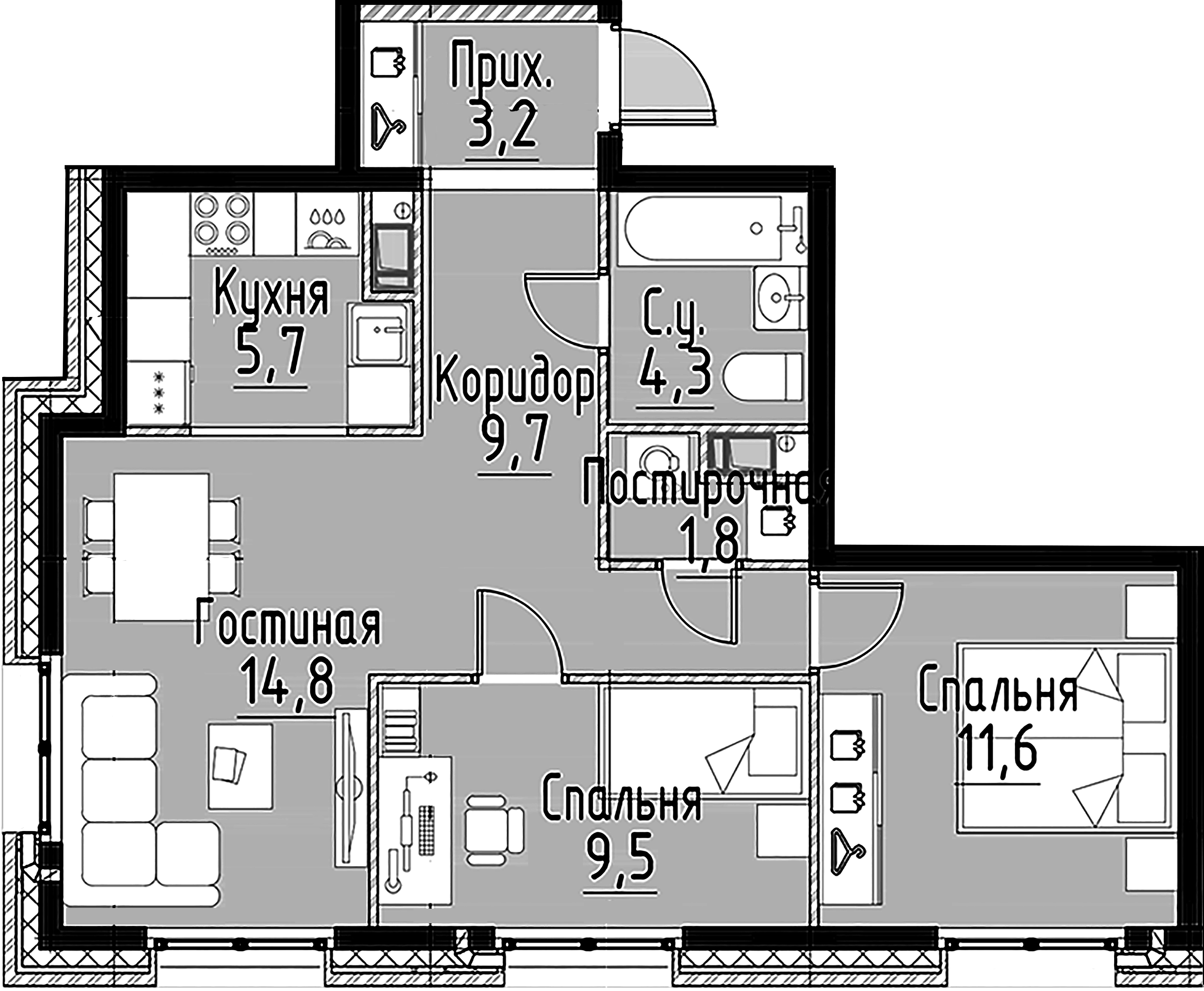 2-комнатная квартира, 60.6 м²; этаж: 3 - купить в Санкт-Петербурге