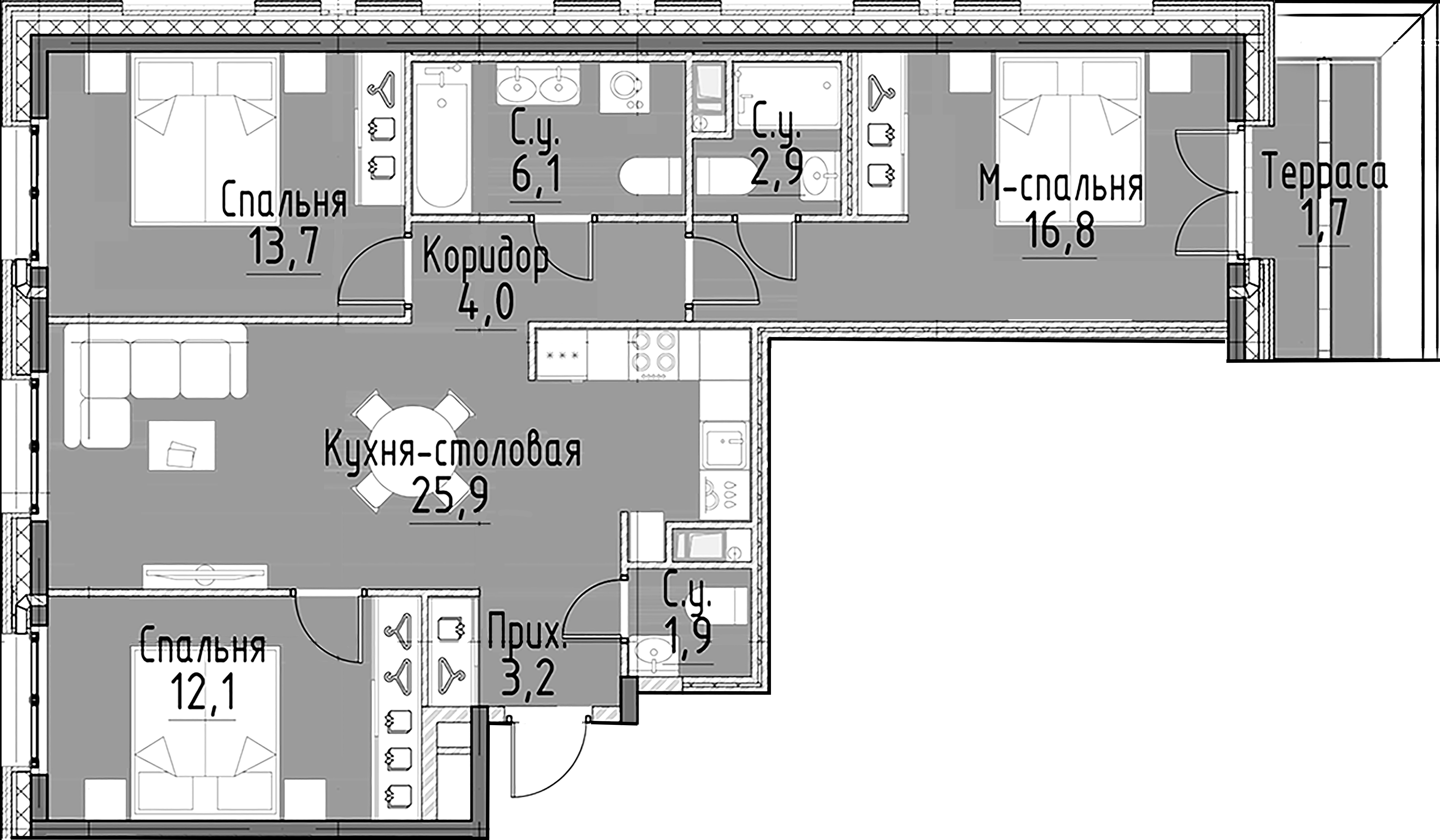3-комнатная квартира  №134 в Моисеенко, 10: 86.6 м², этаж 10 - купить в Санкт-Петербурге