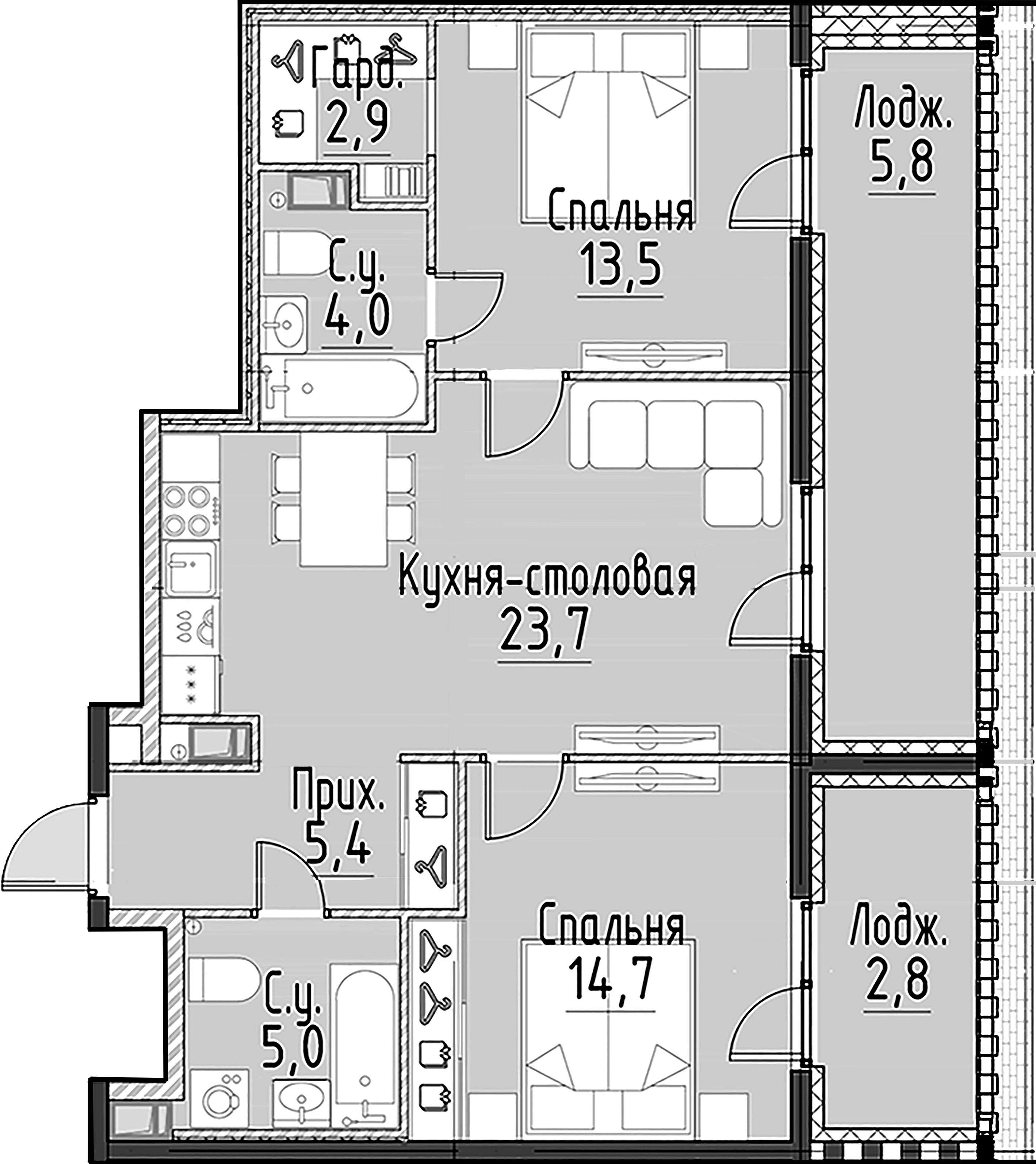 2-комнатная квартира  №119 в Моисеенко, 10: 69.3 м², этаж 6 - купить в Санкт-Петербурге