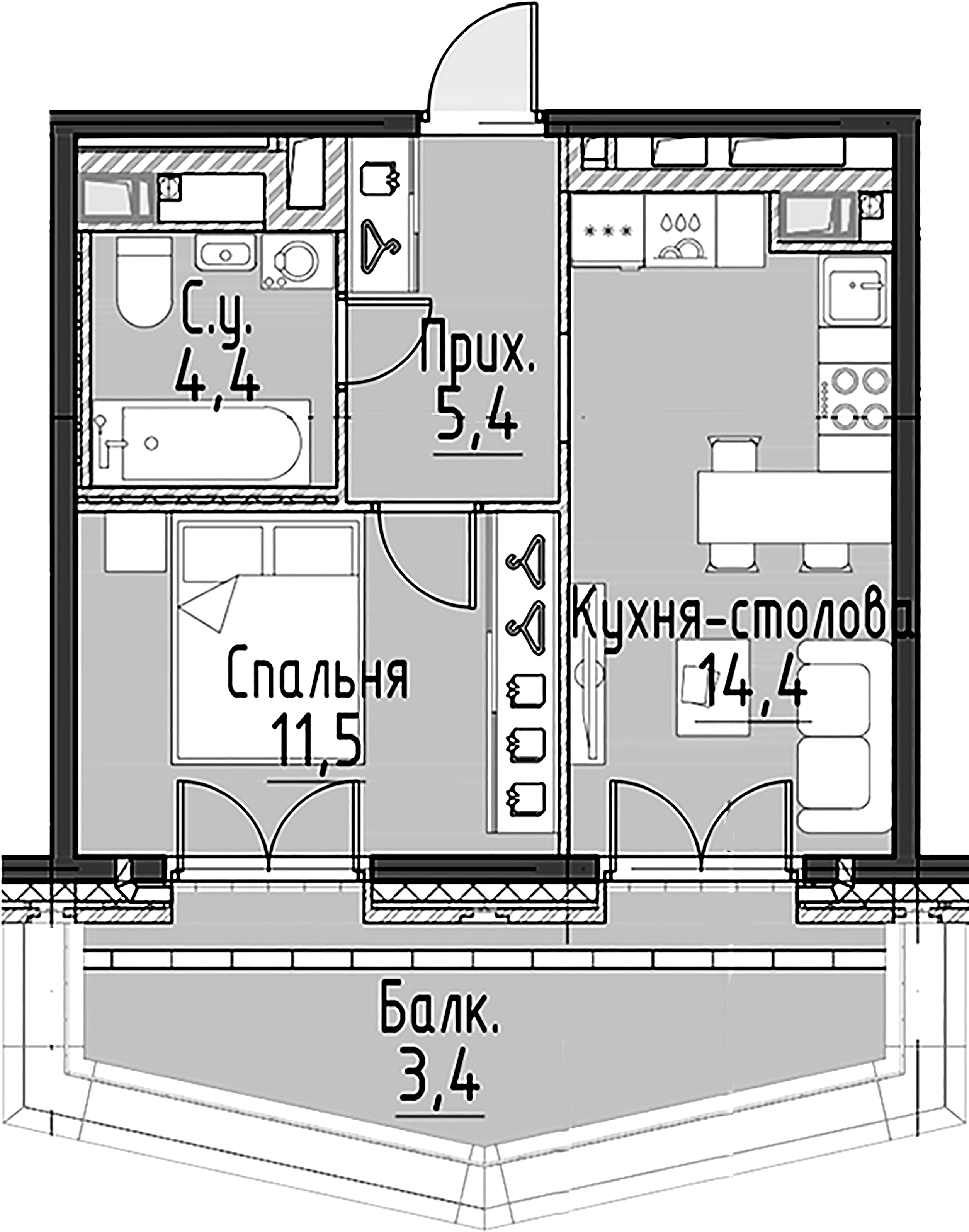 1-комнатная квартира  №53 в Моисеенко, 10: 35.7 м², этаж 8 - купить в Санкт-Петербурге