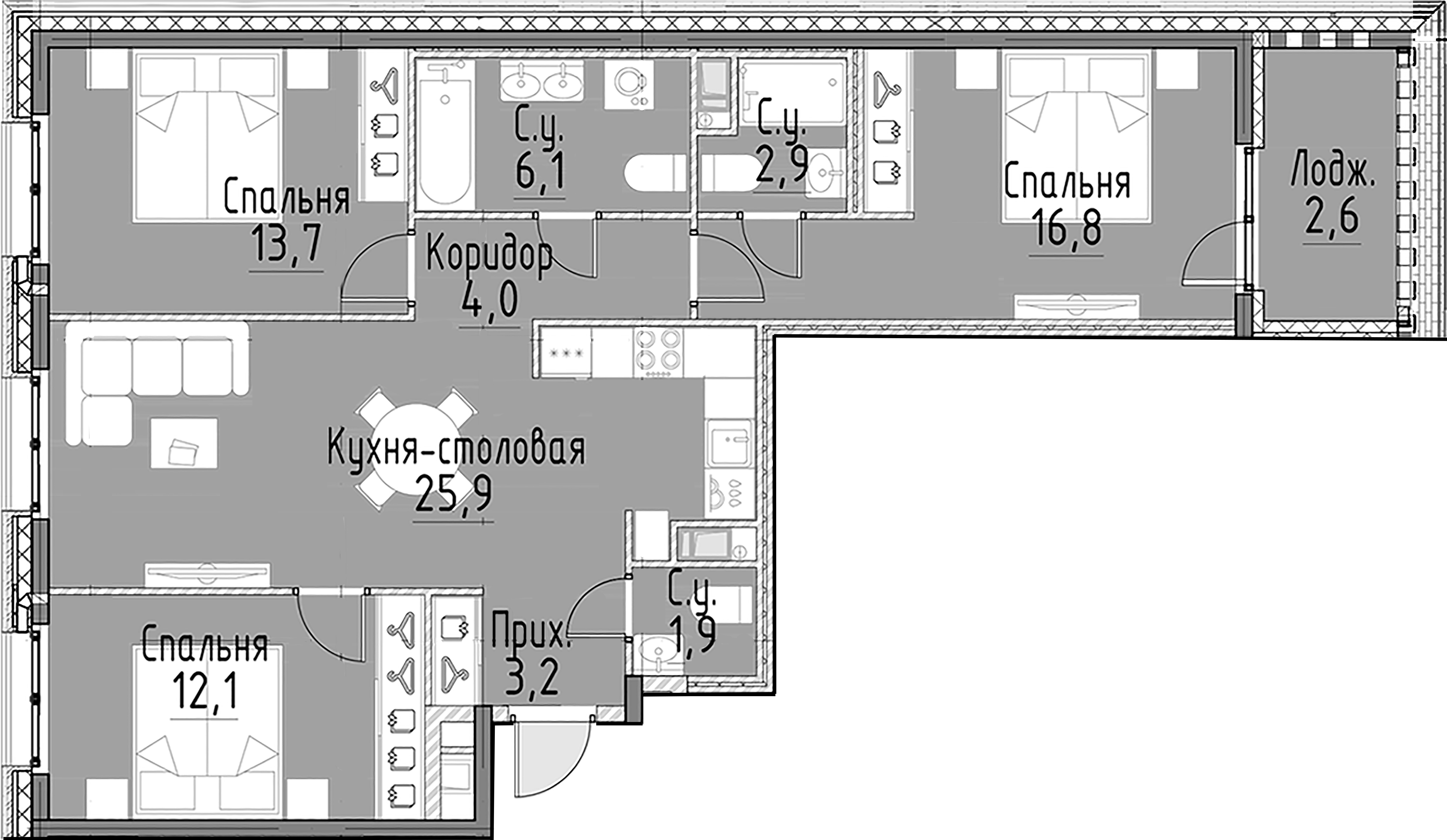 3-комнатная квартира  №118 в Моисеенко, 10: 86.6 м², этаж 6 - купить в Санкт-Петербурге