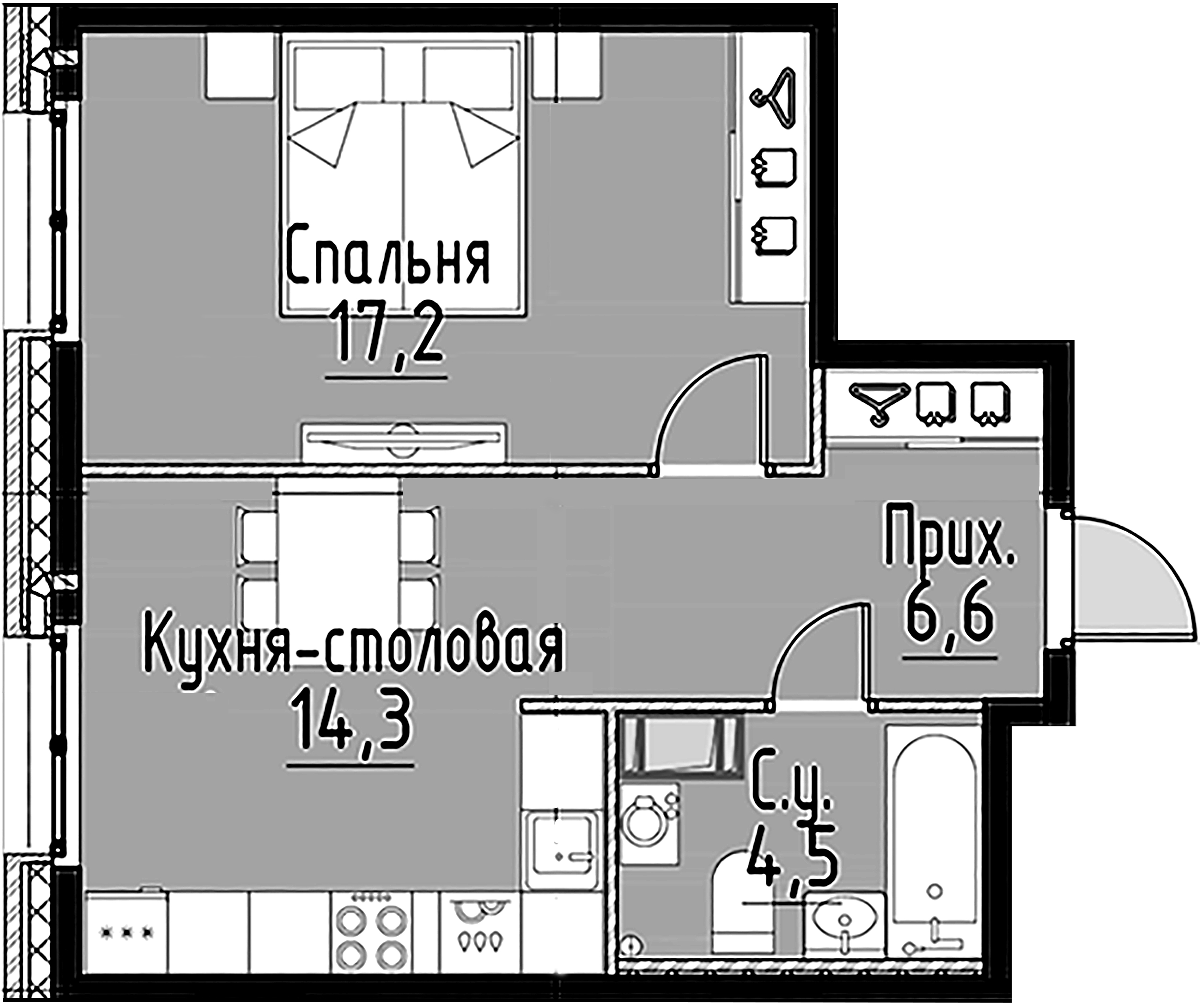 1-комнатная квартира  №65 в Моисеенко, 10: 42.5 м², этаж 3 - купить в Санкт-Петербурге