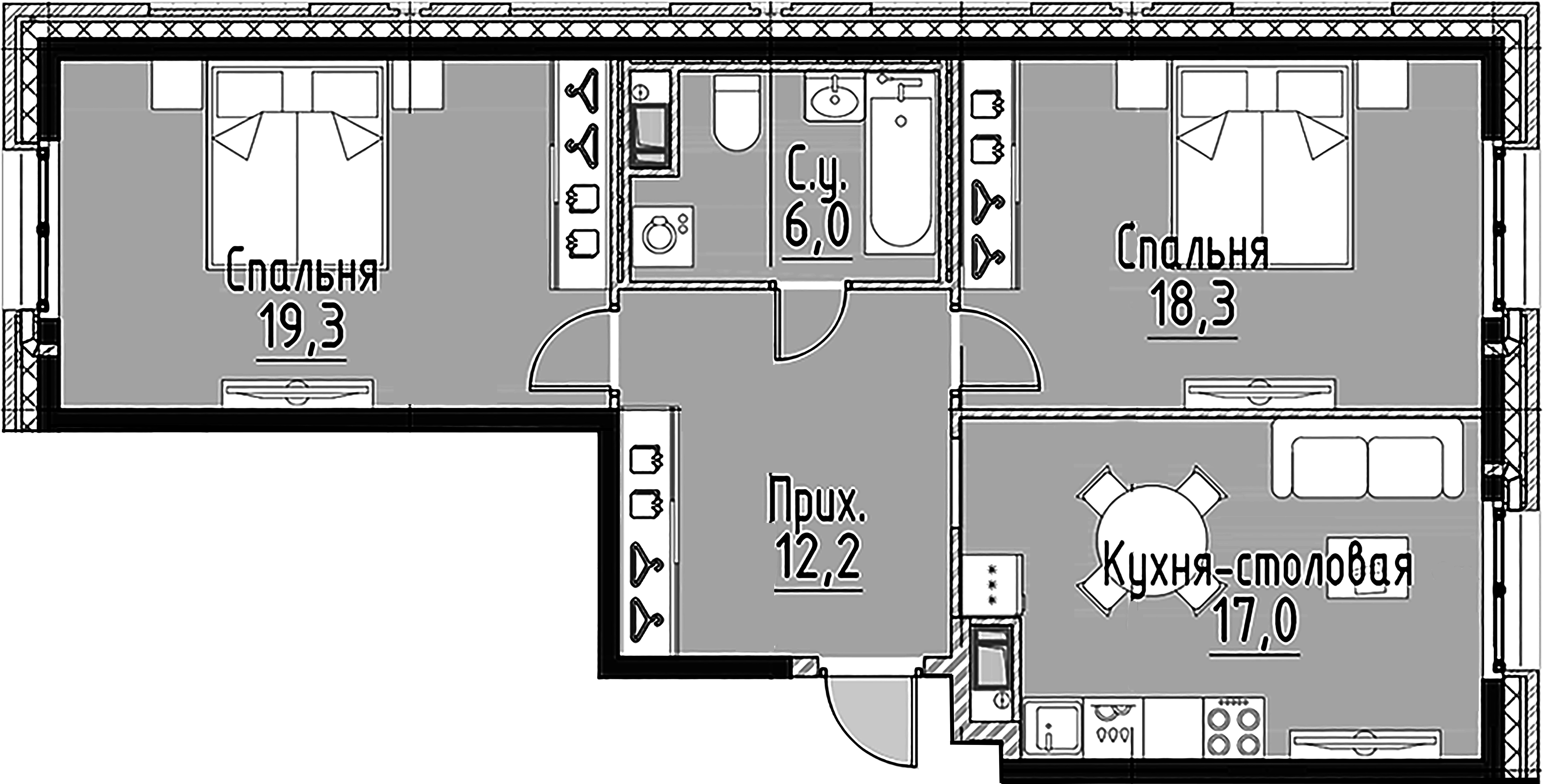 2-комнатная квартира  №66 в Моисеенко, 10: 72.6 м², этаж 3 - купить в Санкт-Петербурге