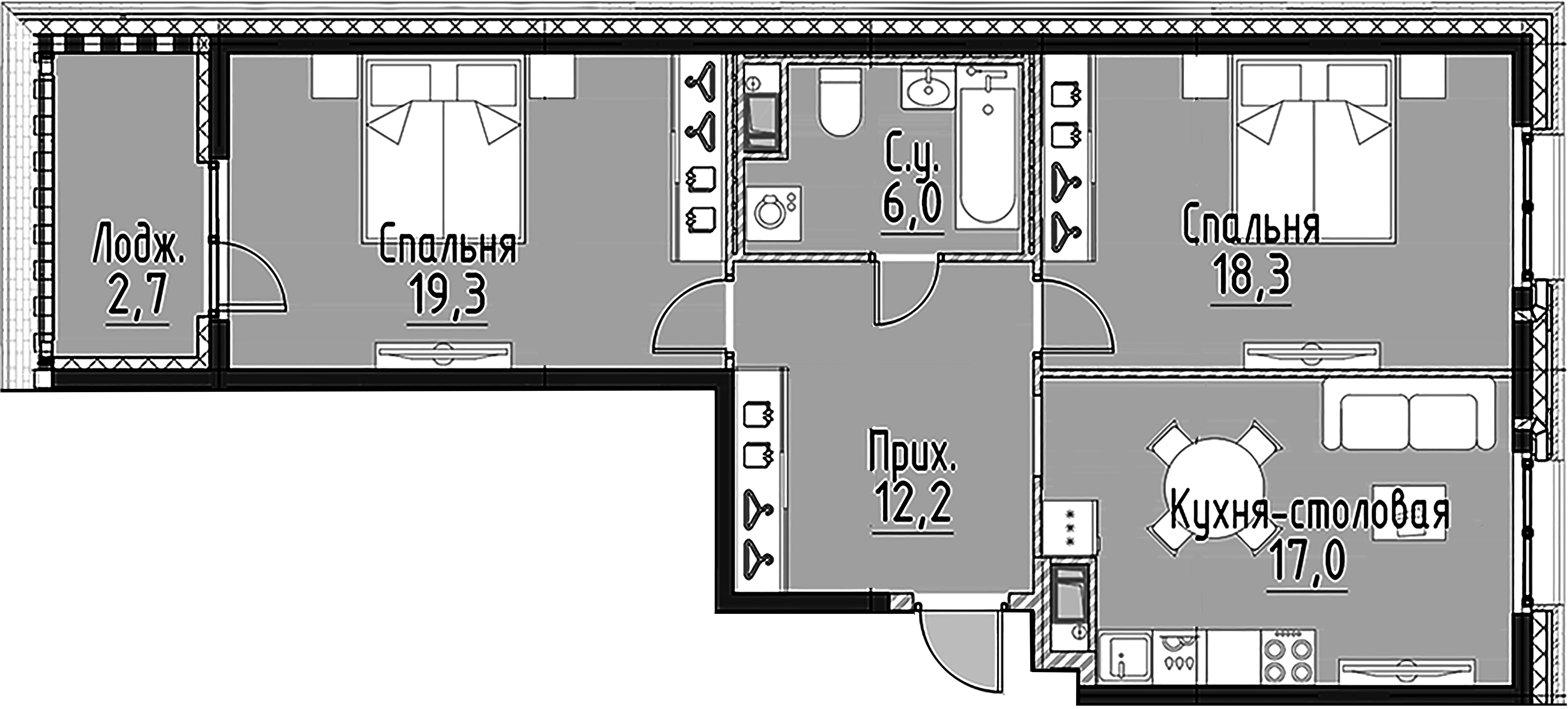 2-комнатная квартира  №81 в Моисеенко, 10: 72.6 м², этаж 6 - купить в Санкт-Петербурге