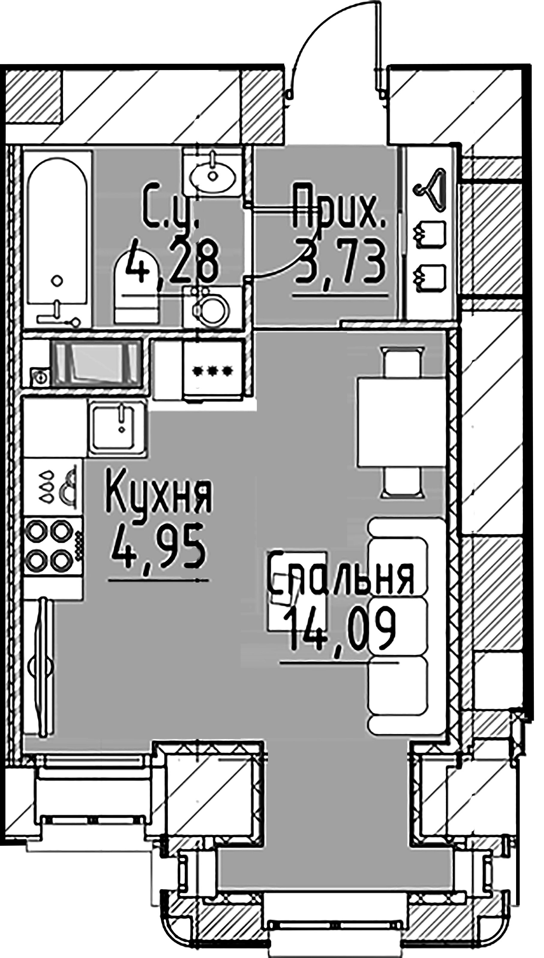1-комнатная квартира  №165 в Моисеенко, 10: 27.5 м², этаж 6 - купить в Санкт-Петербурге