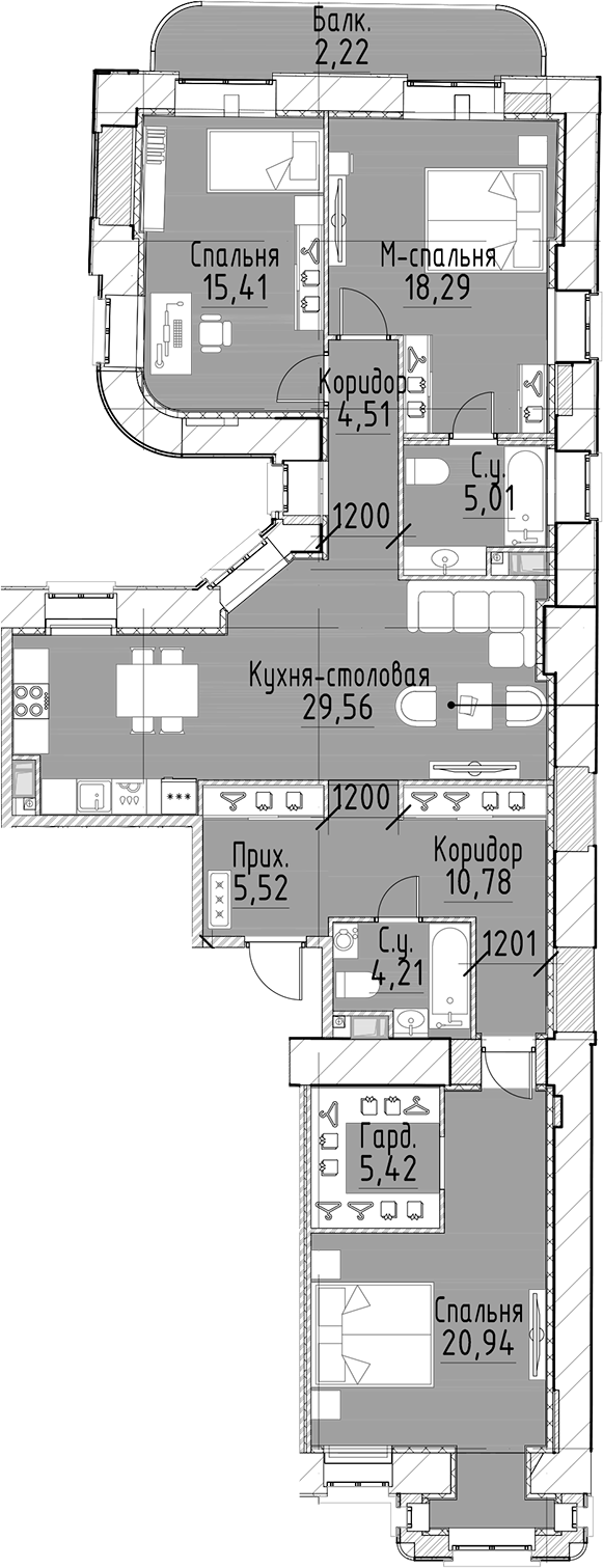 3-комнатная квартира  №156 в Моисеенко, 10: 119.65 м², этаж 5 - купить в Санкт-Петербурге