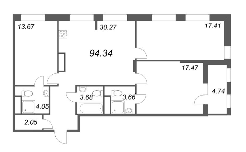 3-комнатная квартира №30 в: Talento: 92.26 м²; этаж: 4 - купить в Санкт-Петербурге