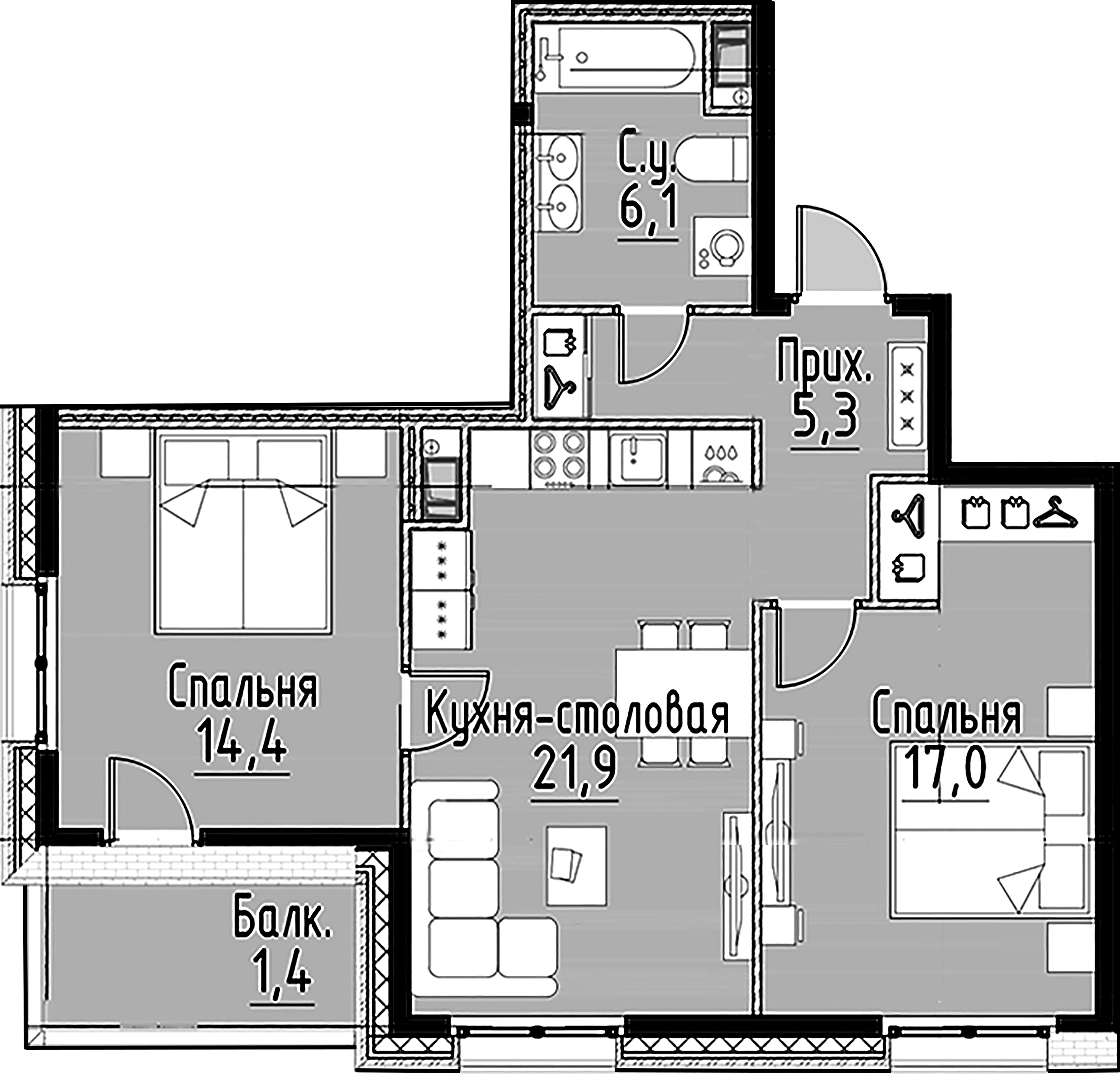 2-комнатная квартира  №88 в Моисеенко, 10: 64.8 м², этаж 8 - купить в Санкт-Петербурге
