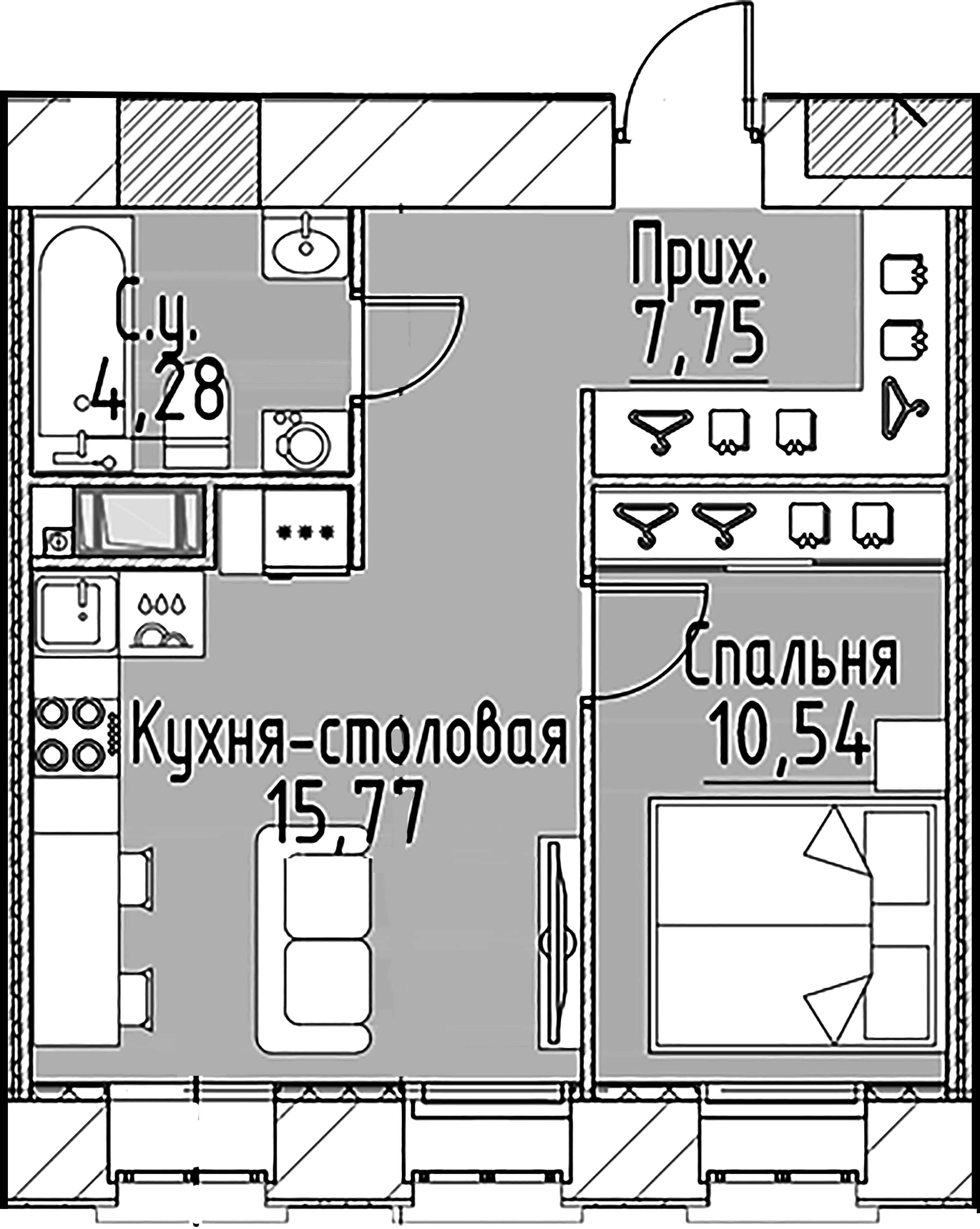 1-комнатная квартира  №154 в Моисеенко, 10: 38.34 м², этаж 4 - купить в Санкт-Петербурге