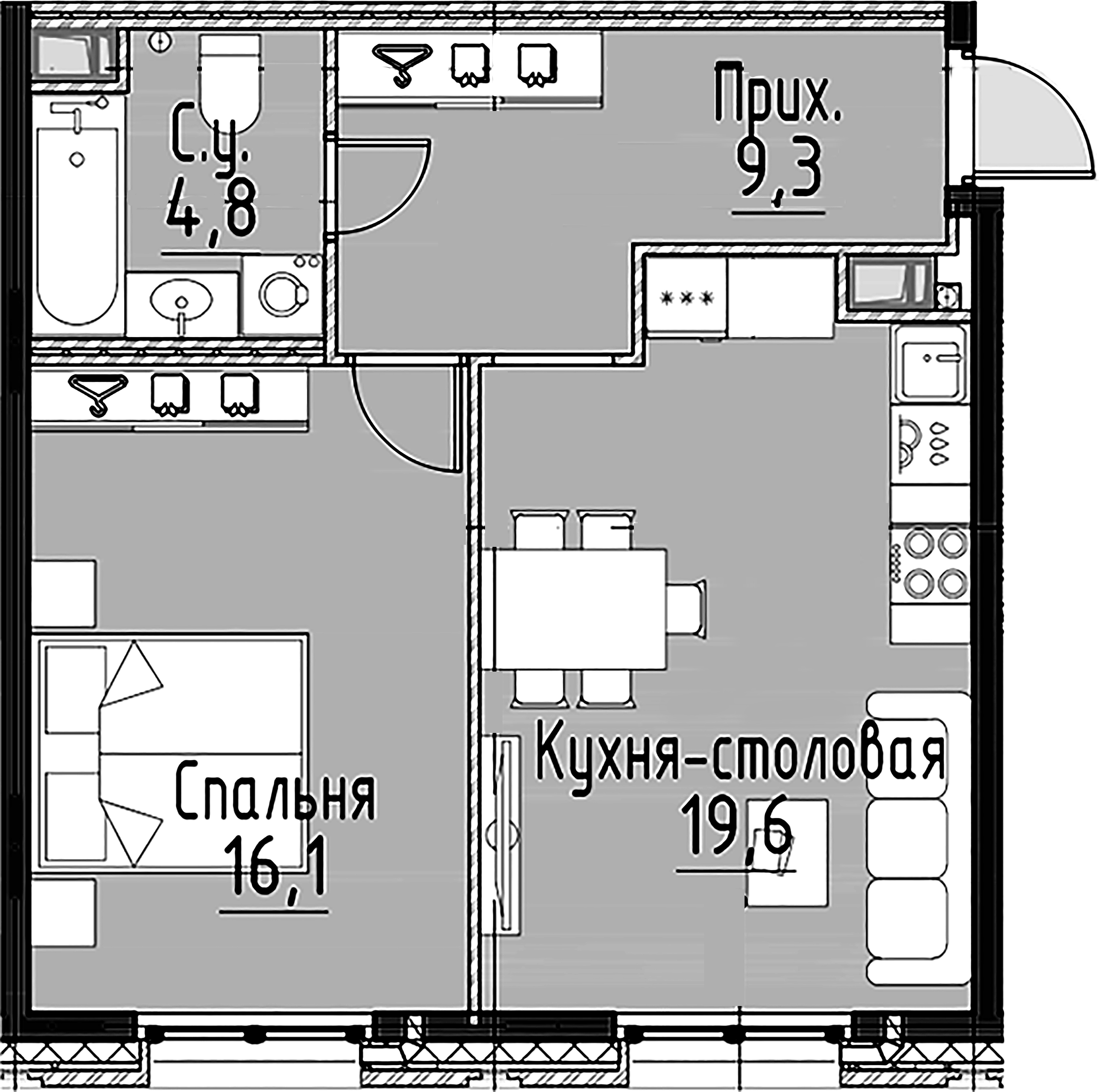 1-комнатная квартира  №34 в Моисеенко, 10: 49.9 м², этаж 3 - купить в Санкт-Петербурге