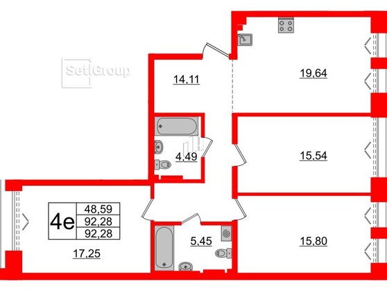 3-комнатная квартира  №154 в Imperial club: 92.28 м², этаж 3 - купить в Санкт-Петербурге