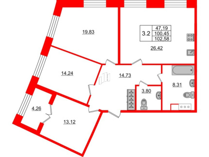 3-комнатная квартира  №145 в Grand View: 98.1 м², этаж 6 - купить в Санкт-Петербурге