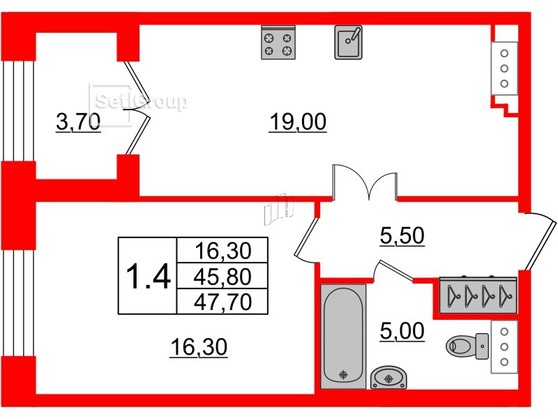 1-комнатная квартира  №99 в Grand View: 45.8 м², этаж 3 - купить в Санкт-Петербурге