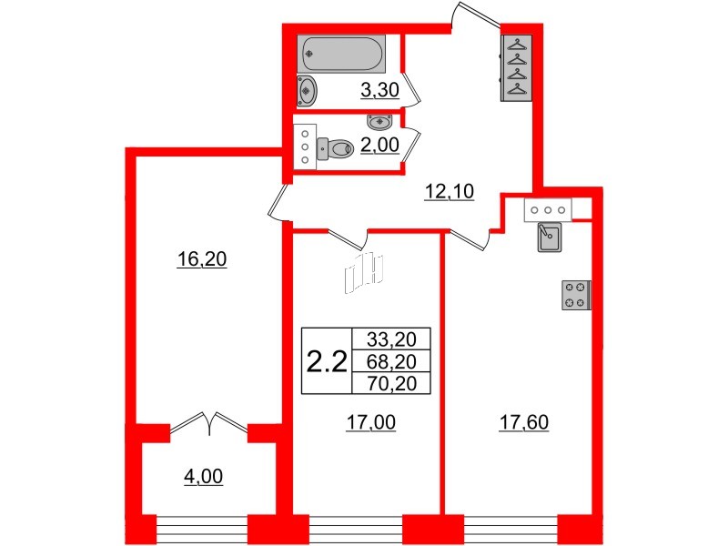 2-комнатная квартира  №48 в Grand View: 68.2 м², этаж 2 - купить в Санкт-Петербурге