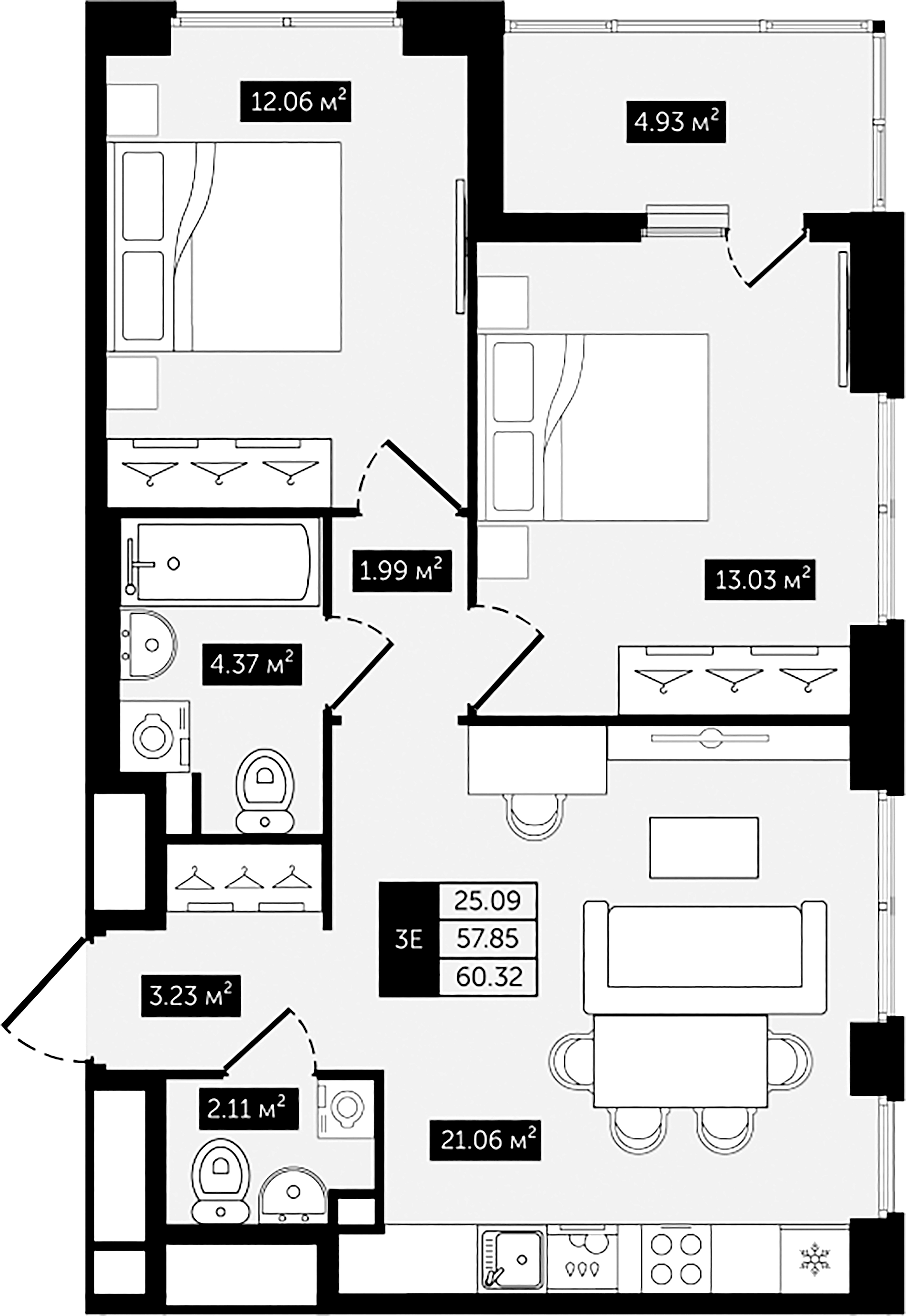 2-комнатная квартира  №6 в Клубный дом №8: 60.32 м², этаж 2 - купить в Санкт-Петербурге