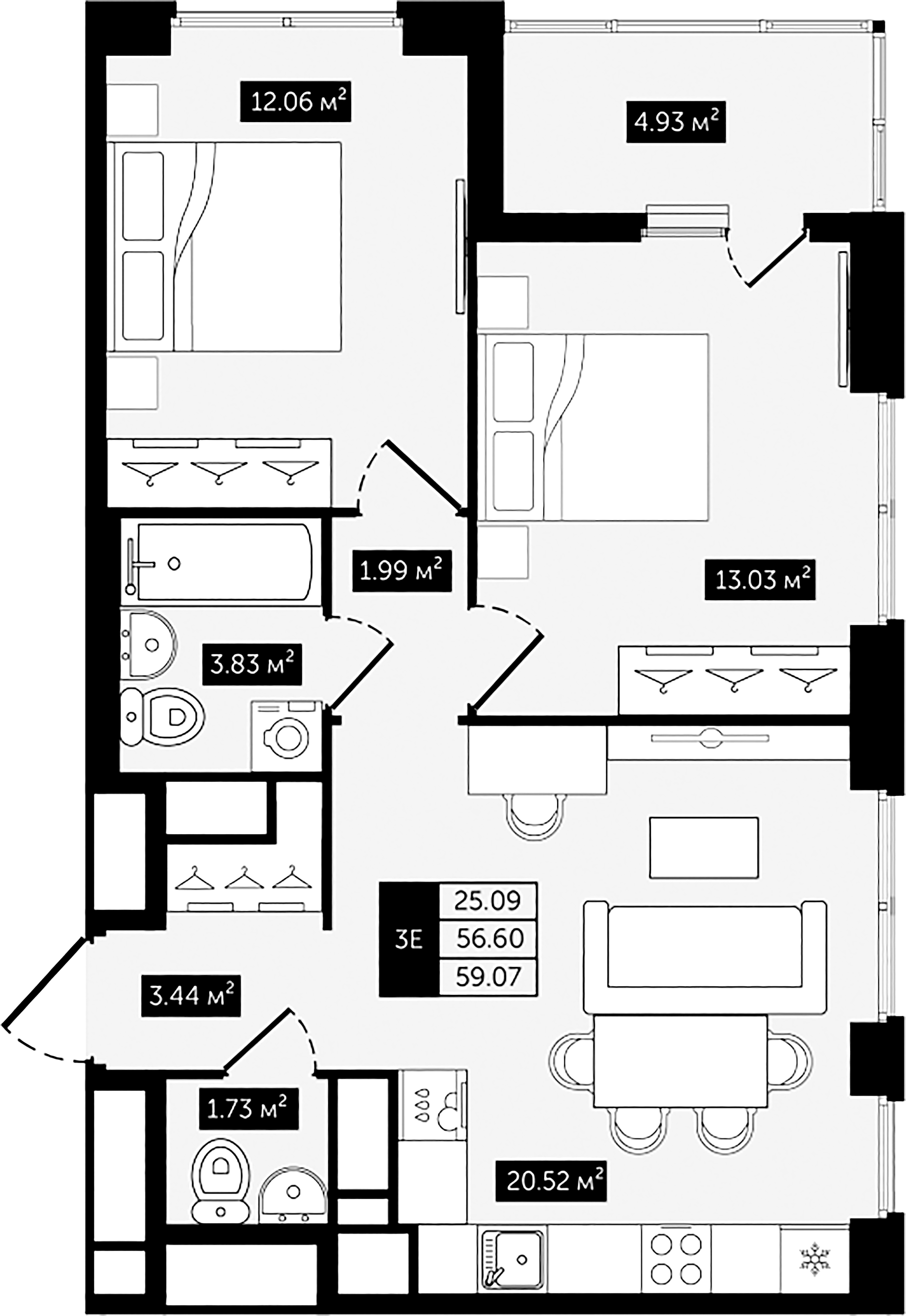 2-комнатная квартира №8 в: Клубный дом №8: 59.07 м²; этаж: 6 - купить в Санкт-Петербурге