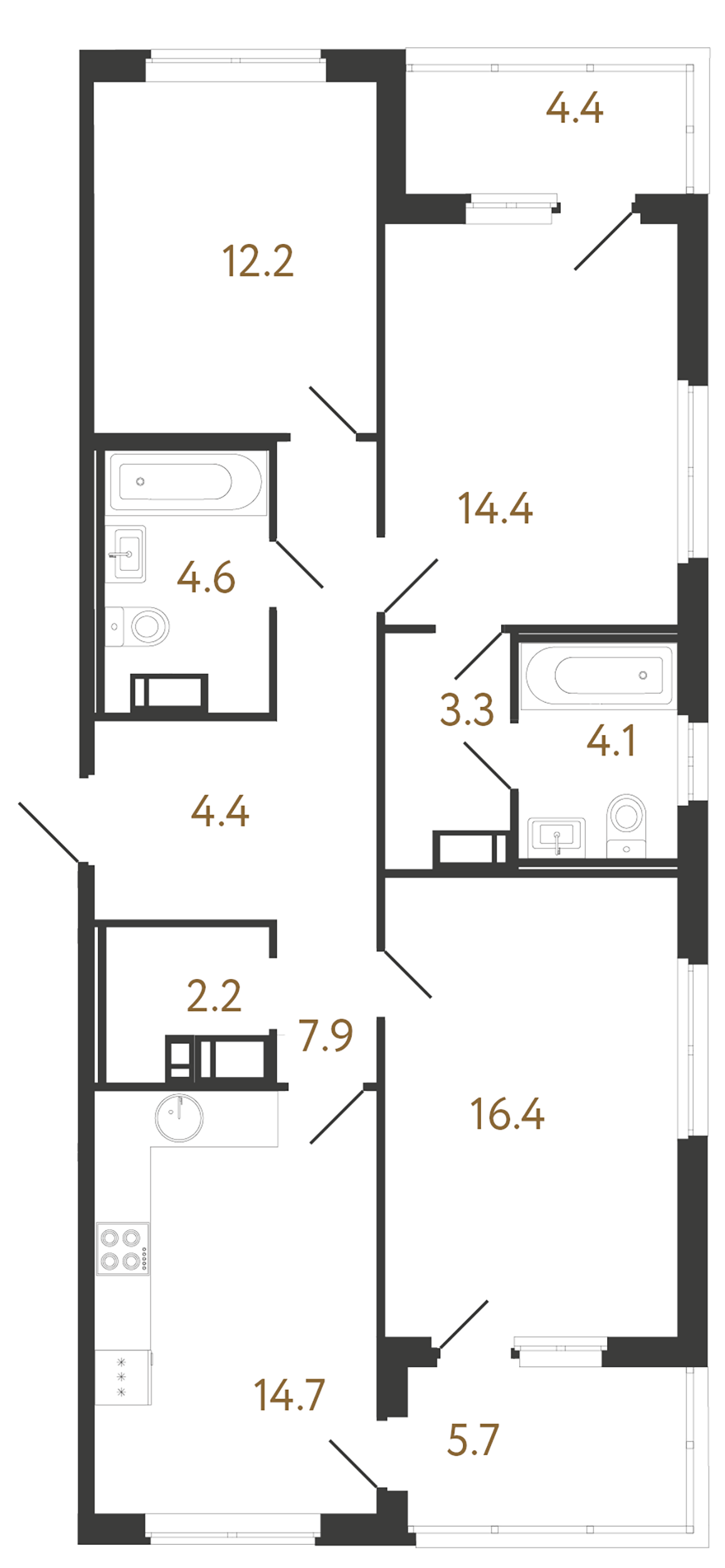 3-комнатная квартира  №177 в Литера: 84.2 м², этаж 9 - купить в Санкт-Петербурге