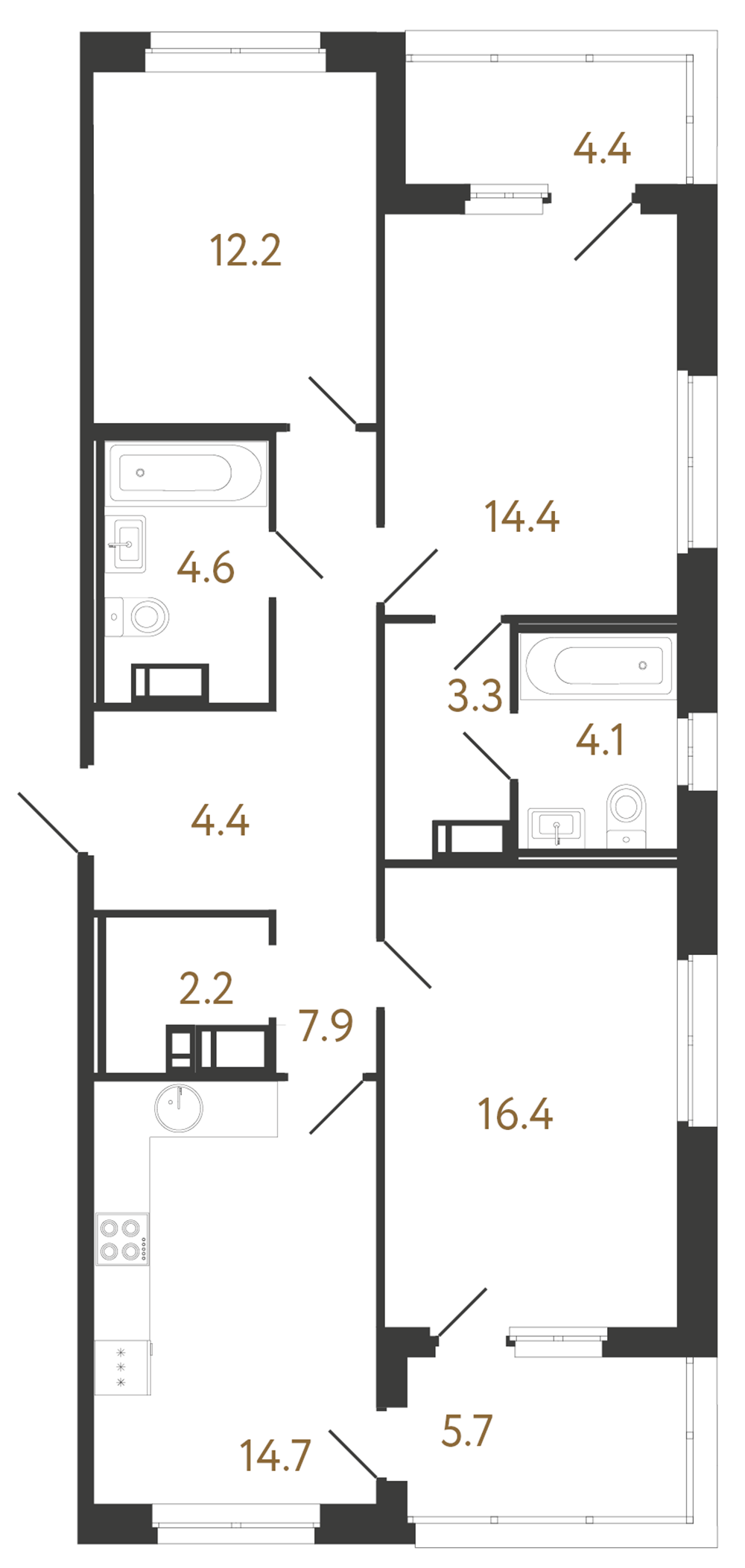 3-комнатная квартира  №182 в Литера: 84.2 м², этаж 10 - купить в Санкт-Петербурге