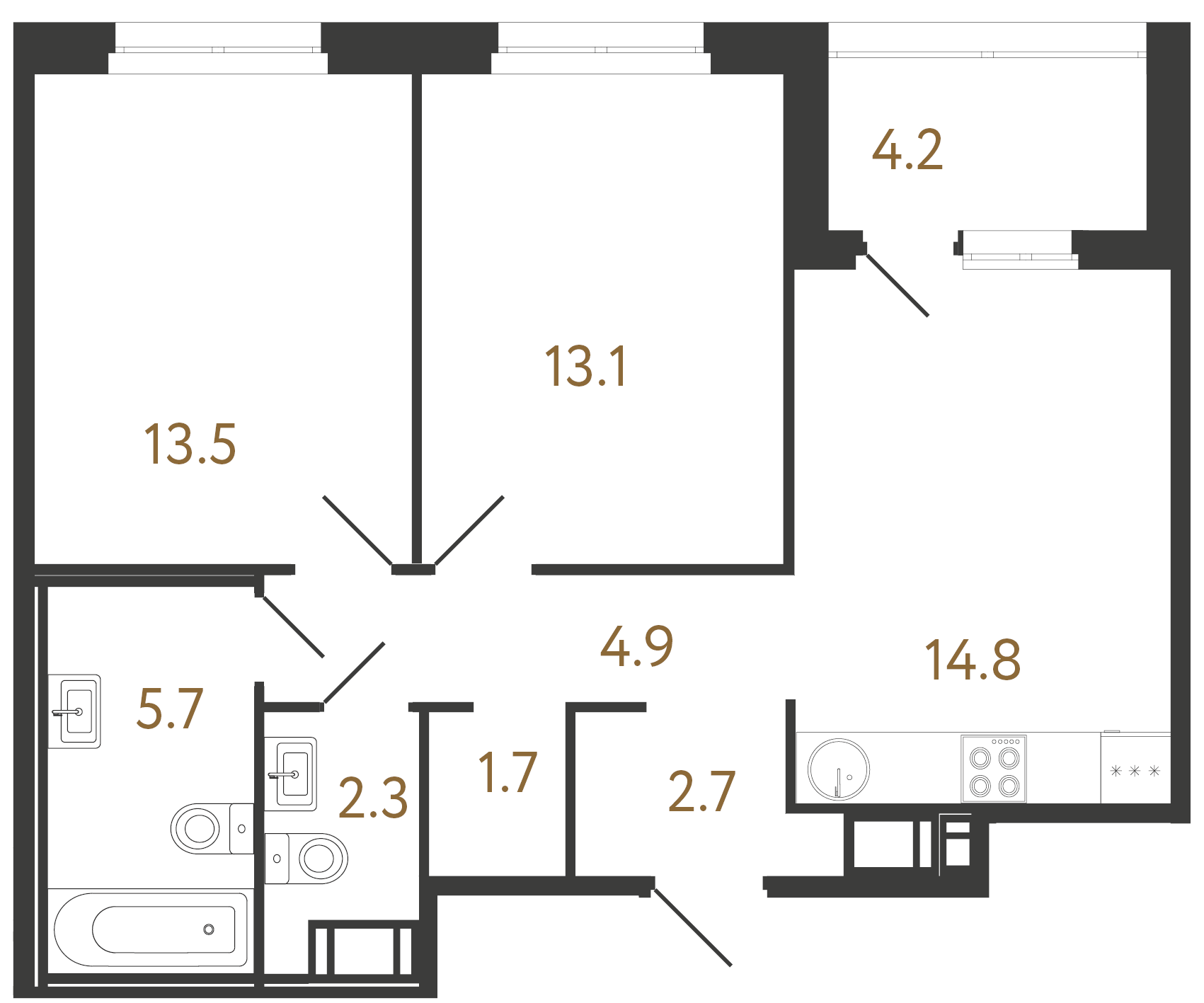 2-комнатная квартира  №27 в Литера: 58.7 м², этаж 7 - купить в Санкт-Петербурге