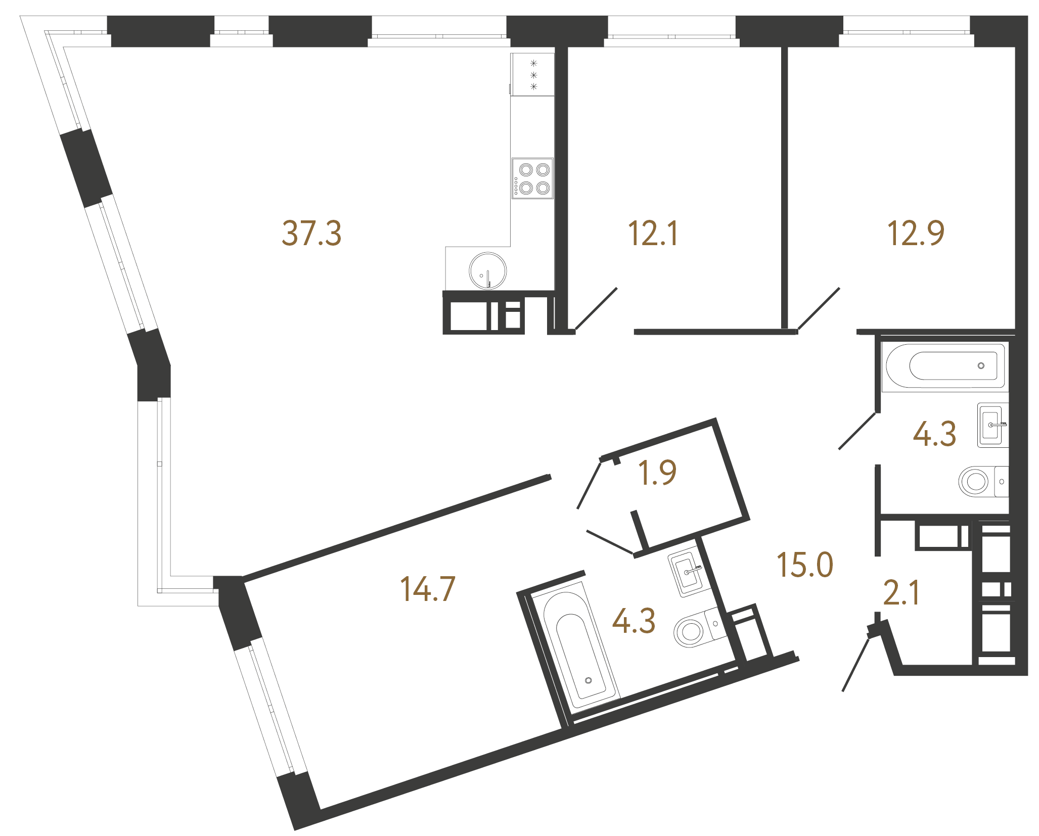 3-комнатная квартира  №73 в Литера: 104.6 м², этаж 5 - купить в Санкт-Петербурге