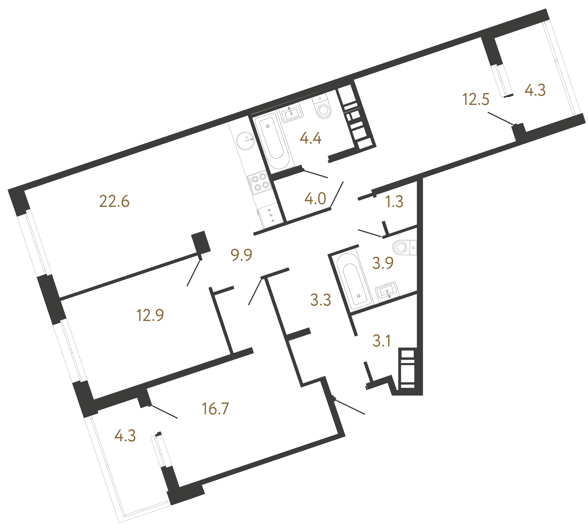 3-комнатная квартира  №160 в Литера: 94.6 м², этаж 5 - купить в Санкт-Петербурге