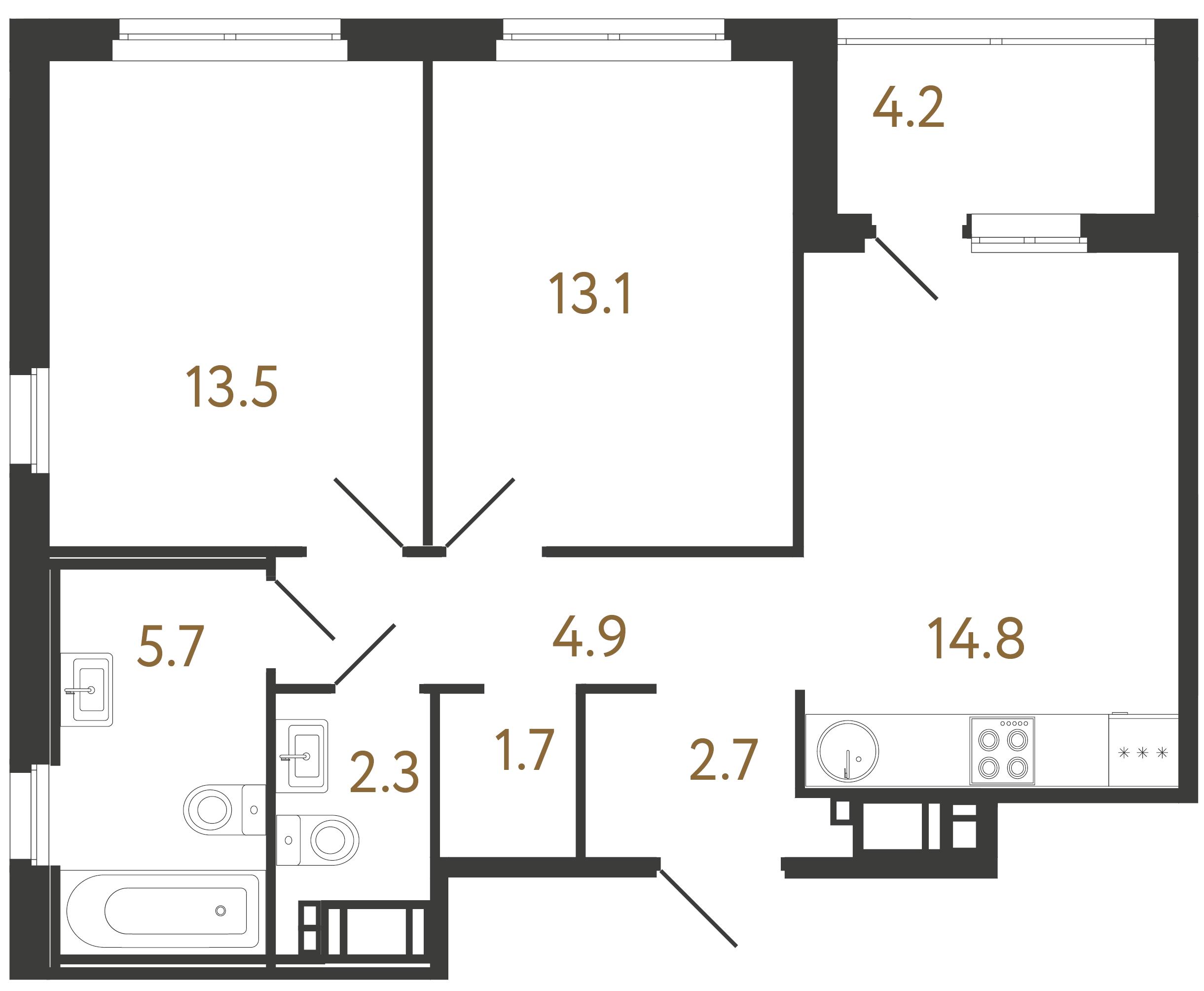 2-комнатная квартира  №52 в Литера: 58.7 м², этаж 12 - купить в Санкт-Петербурге