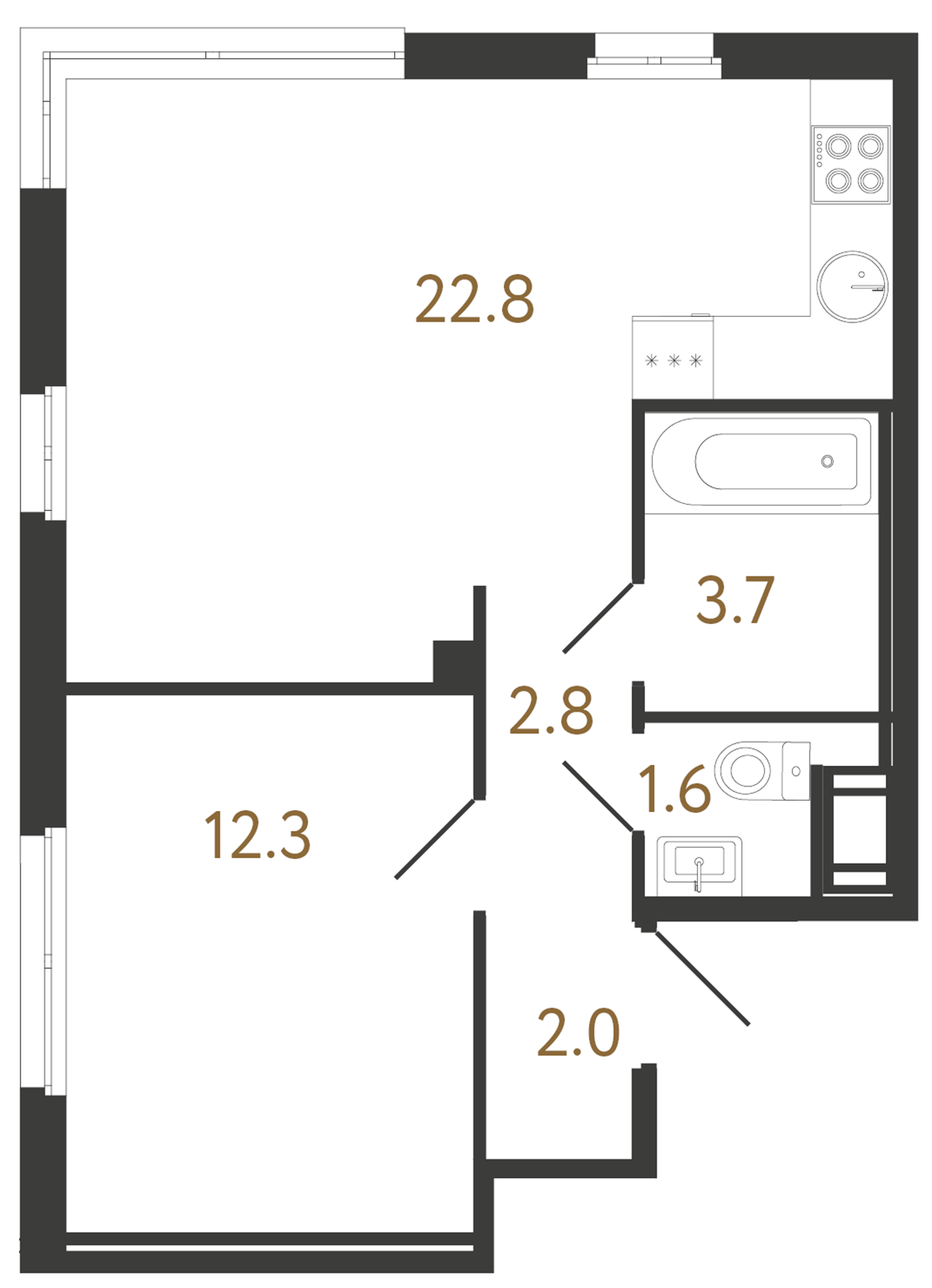 1-комнатная квартира  №190 в Литера: 45.1 м², этаж 11 - купить в Санкт-Петербурге