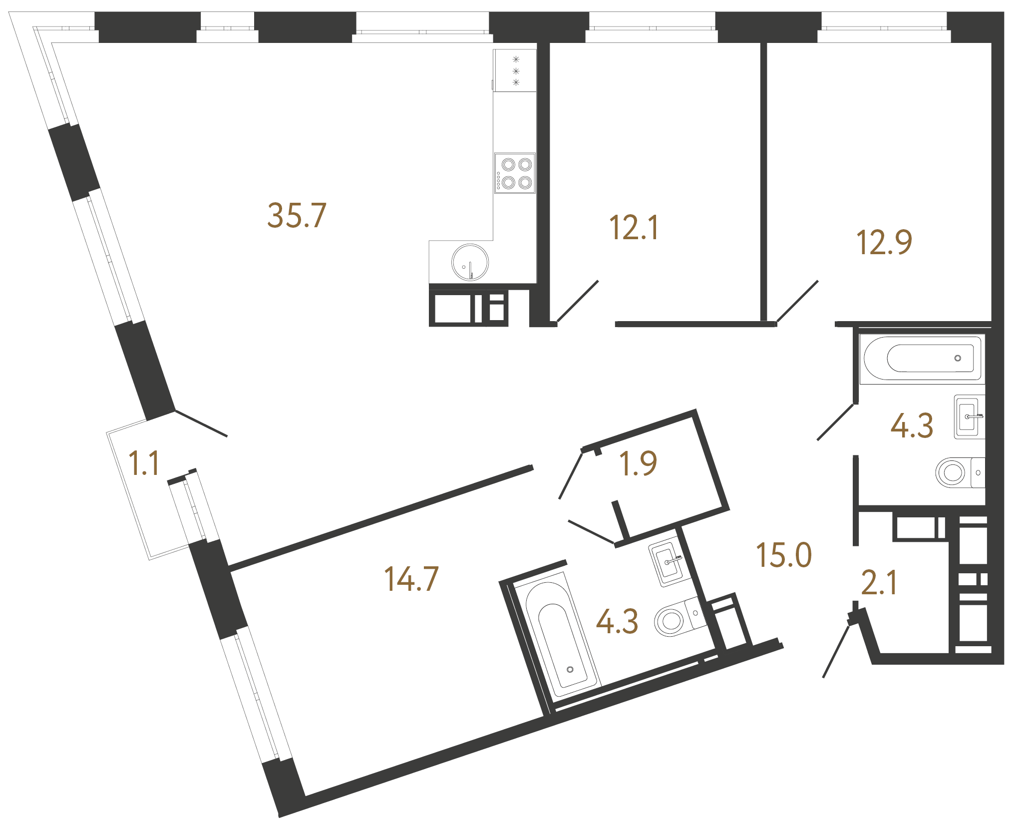 3-комнатная квартира  №87 в Литера: 103 м², этаж 7 - купить в Санкт-Петербурге