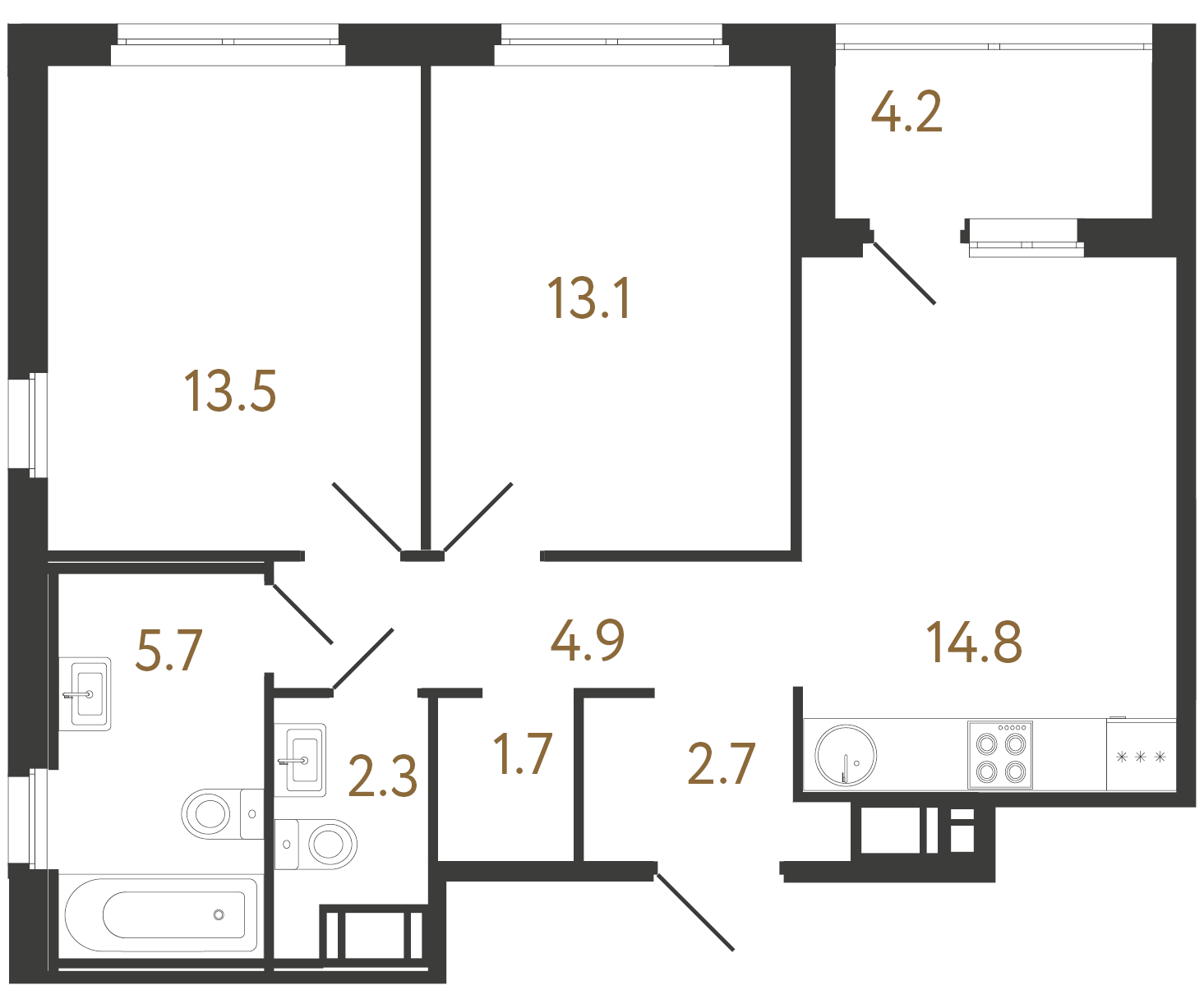 2-комнатная квартира №6 в: Литера: 58.7 м²; этаж: 10 - купить в Санкт-Петербурге