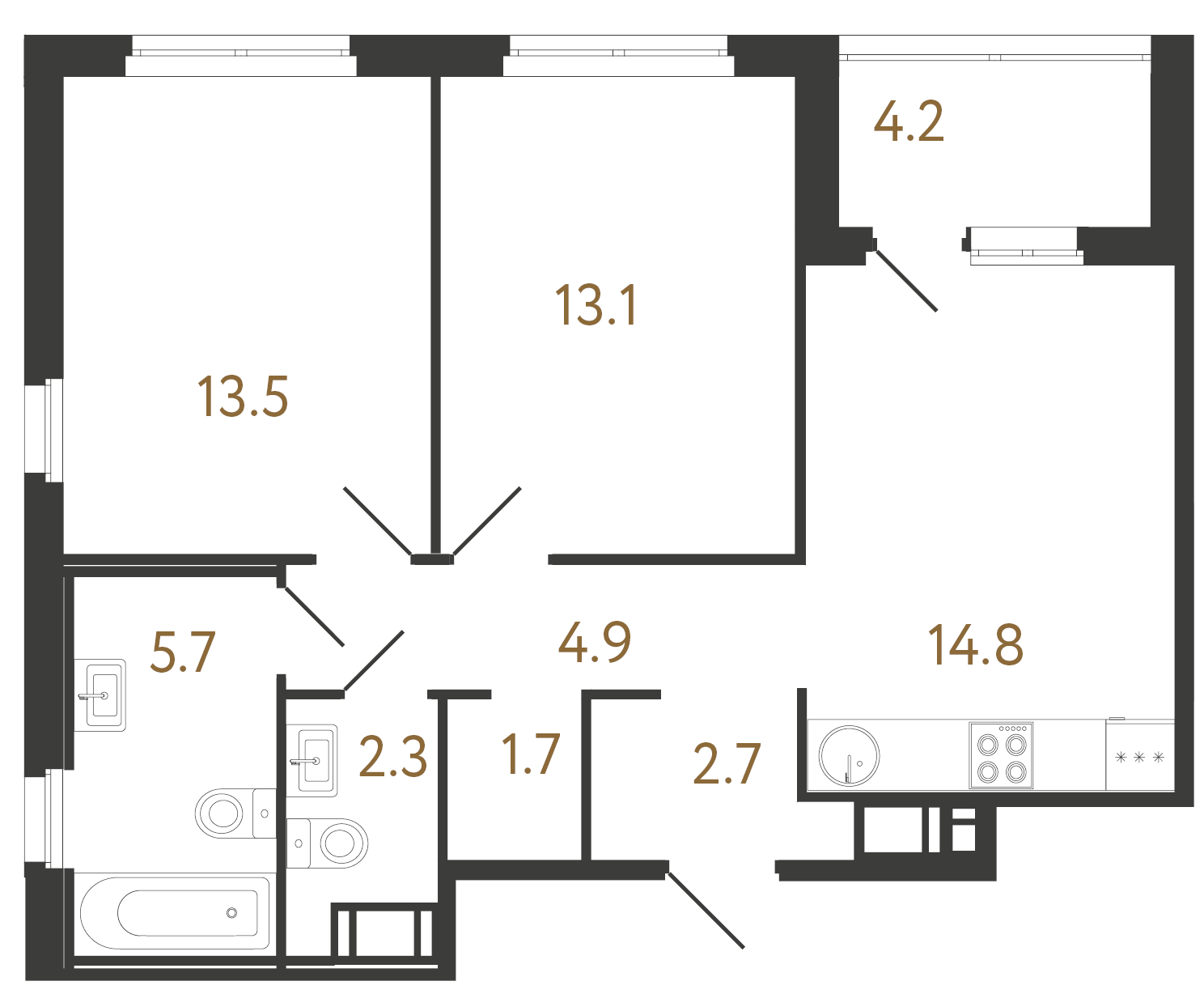 2-комнатная квартира  №47 в Литера: 58.7 м², этаж 11 - купить в Санкт-Петербурге